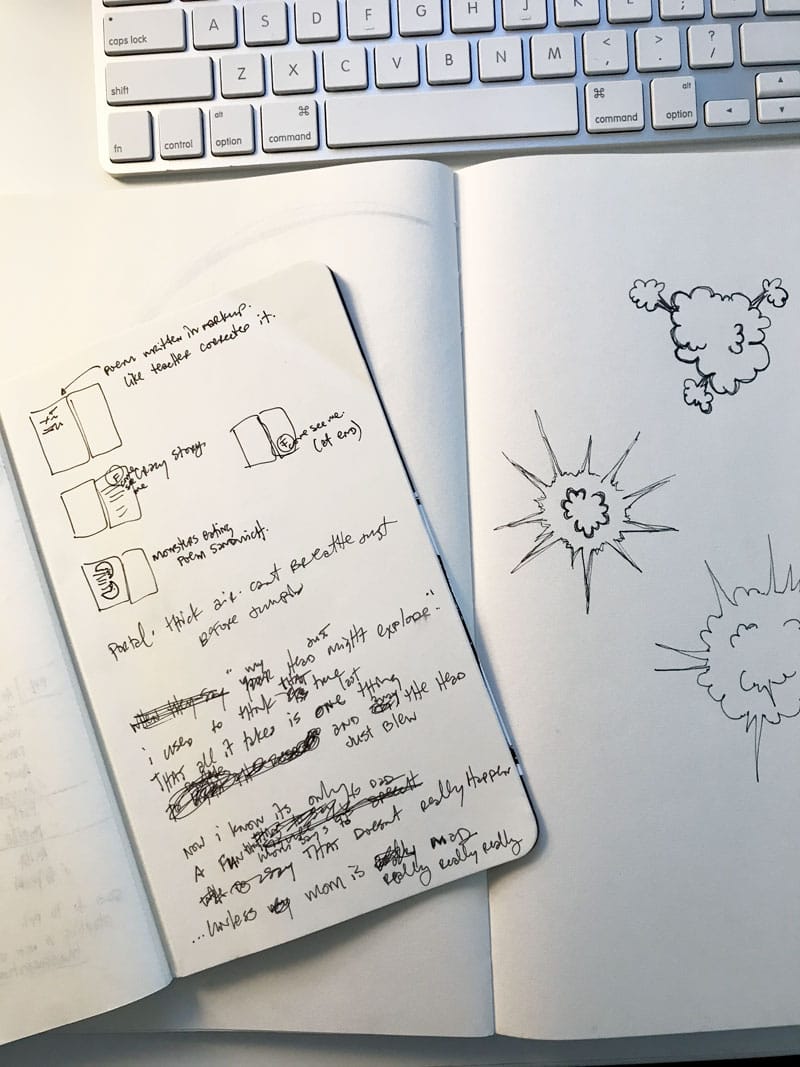 Handwritten poetry drafts and sketches from Poems for Breakfast, showing the creative process behind the poem 'Time'.