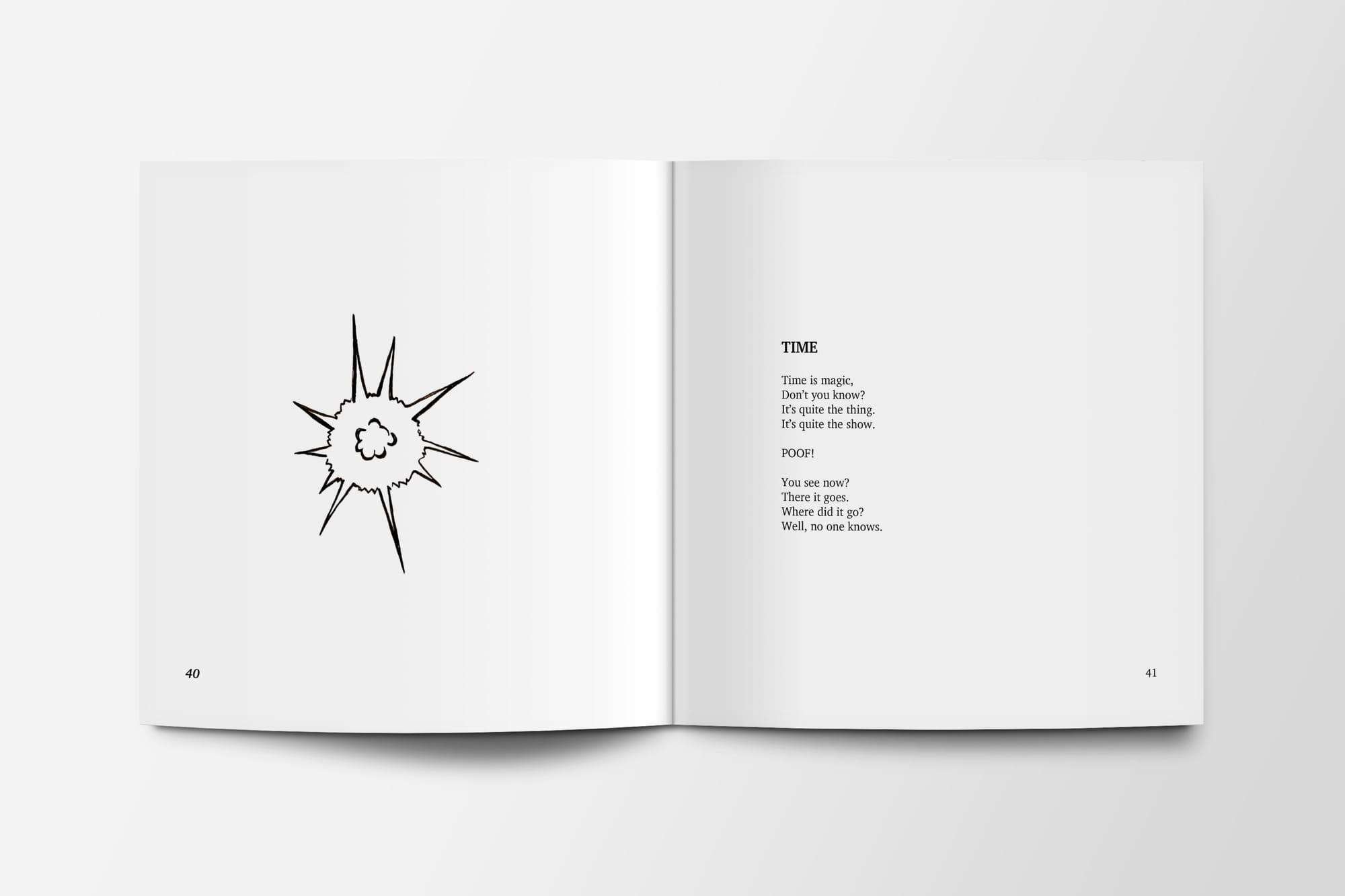 Open book spread from Poems for Breakfast featuring the poem 'Time' with a playful illustration of an explosive 'poof'.