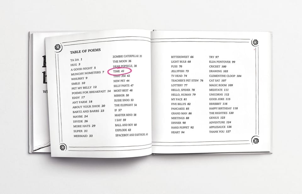 Table of contents from Poems for Breakfast book, highlighting the poem 'Time' among other playful and imaginative titles.